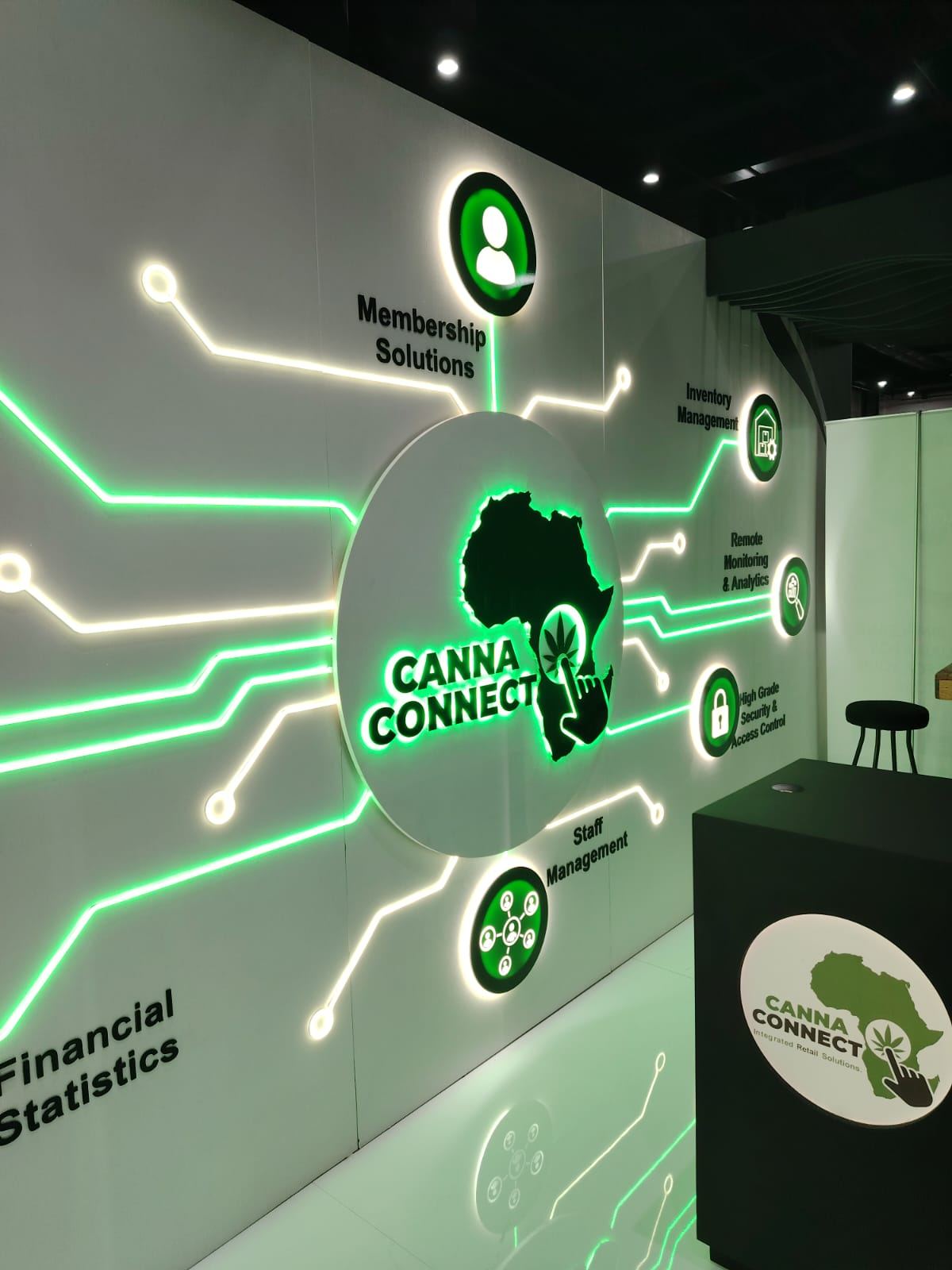 Halo-lit Africa logo and circuit lines on the Canna Connect backwall