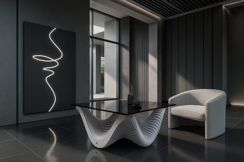 White parametric wave coffee table with a glass top in a dark living room
