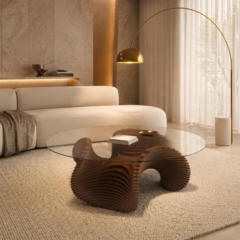 Walnut parametric coffee table with a round glass top
